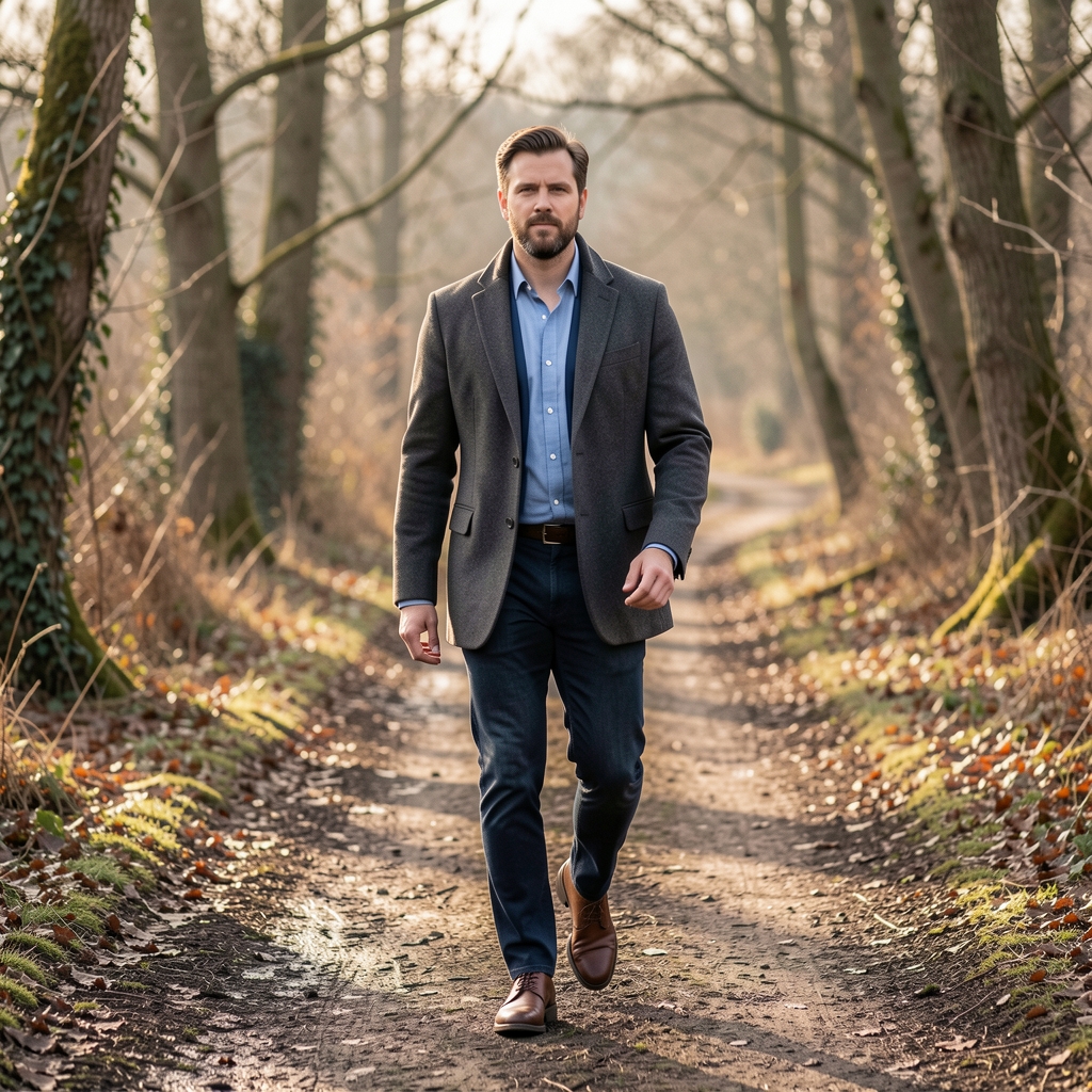 Man walking on a wooded Sheffield path with steady posture and soft winter light — Trenvol editorial