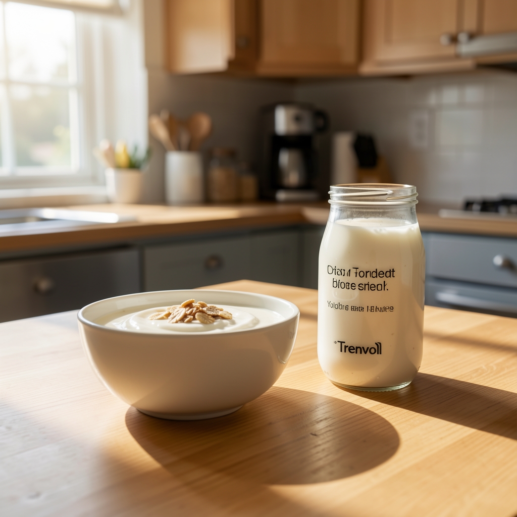 Balanced breakfast with yoghurt, fortified oat drink and sunlight across a kitchen table — Trenvol editorial