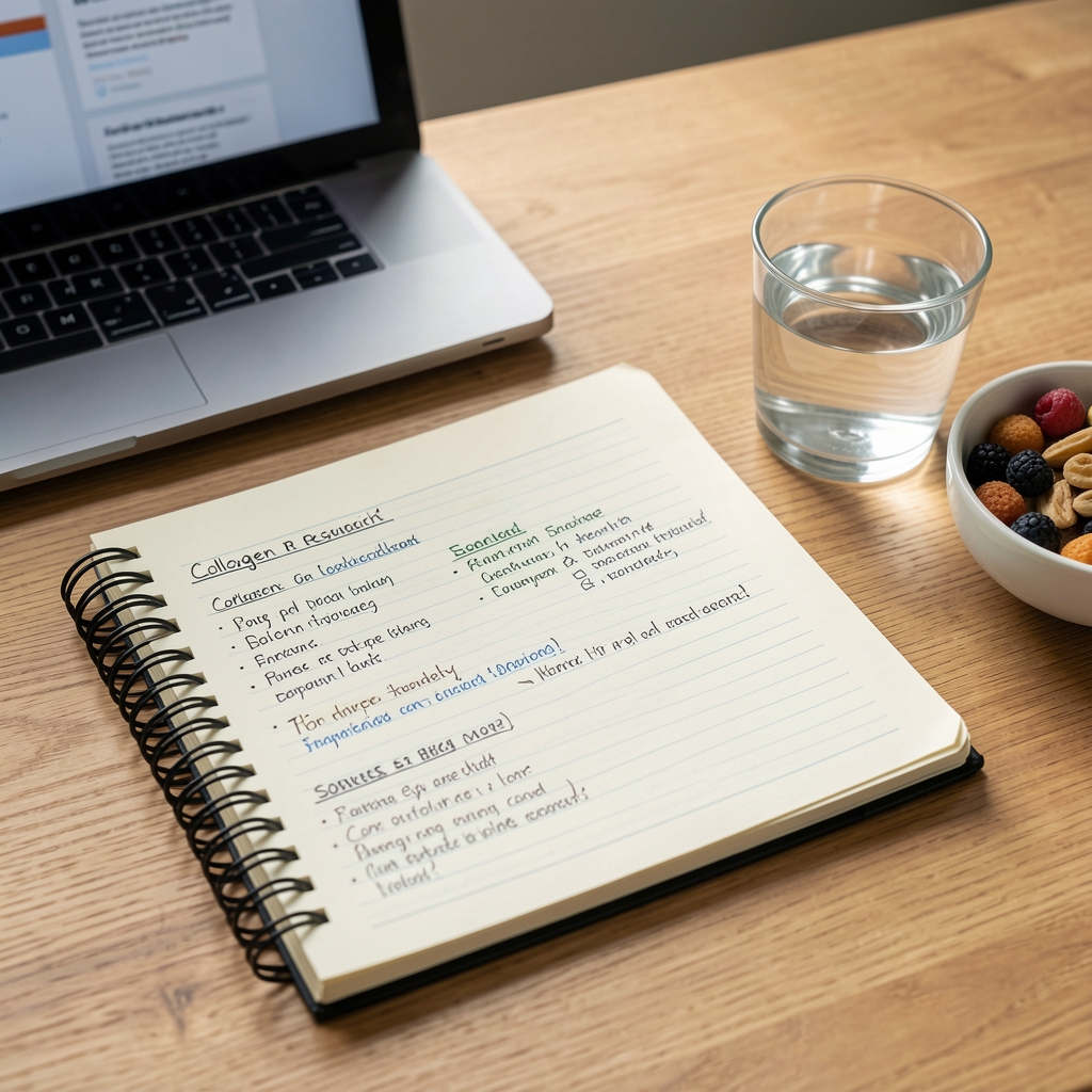 Notebook with collagen research notes, food sources and a glass of water beside a laptop — Trenvol editorial