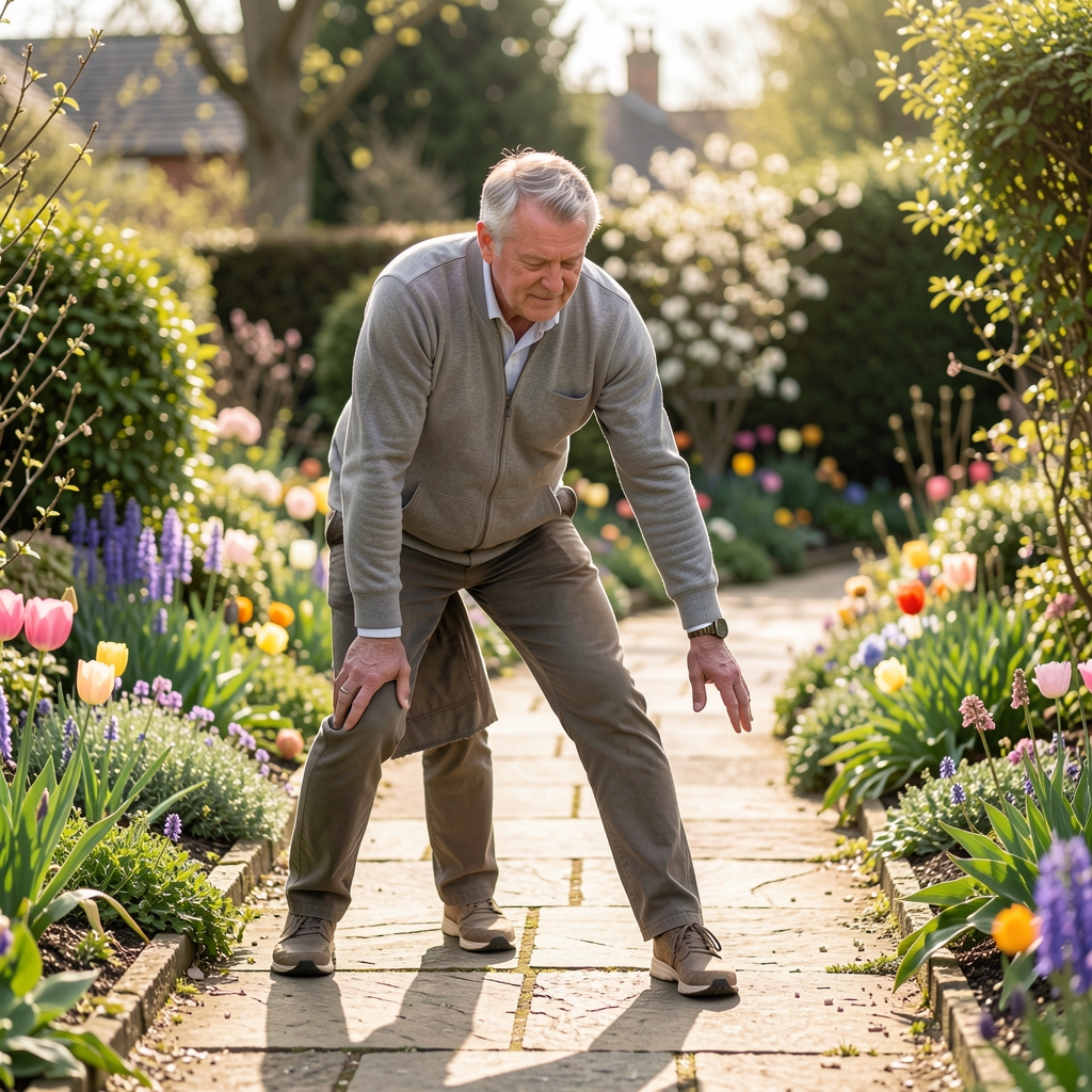 Middle-aged man stretching gently beside a Sheffield garden path in spring light — Trenvol editorial