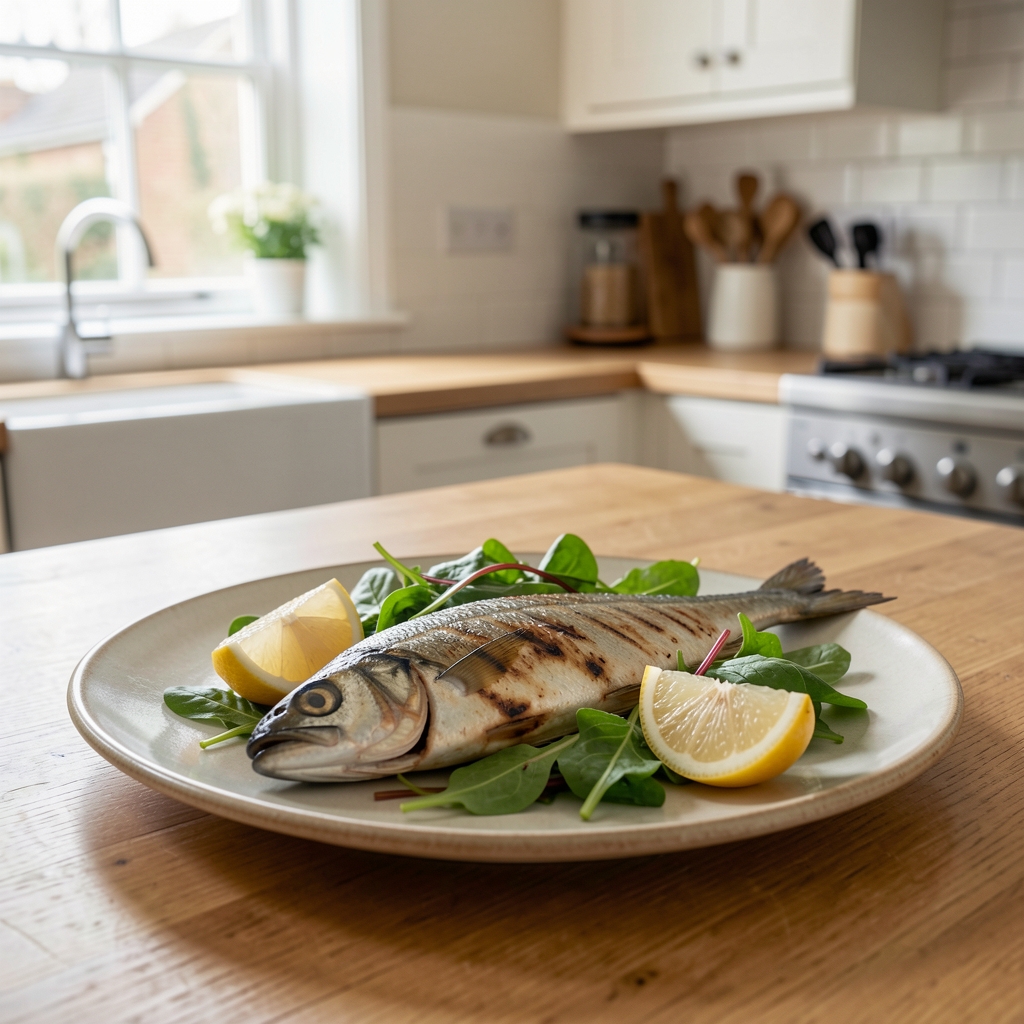 Grilled oily fish, lemon and leafy greens on a ceramic plate in a bright UK kitchen — Trenvol editorial