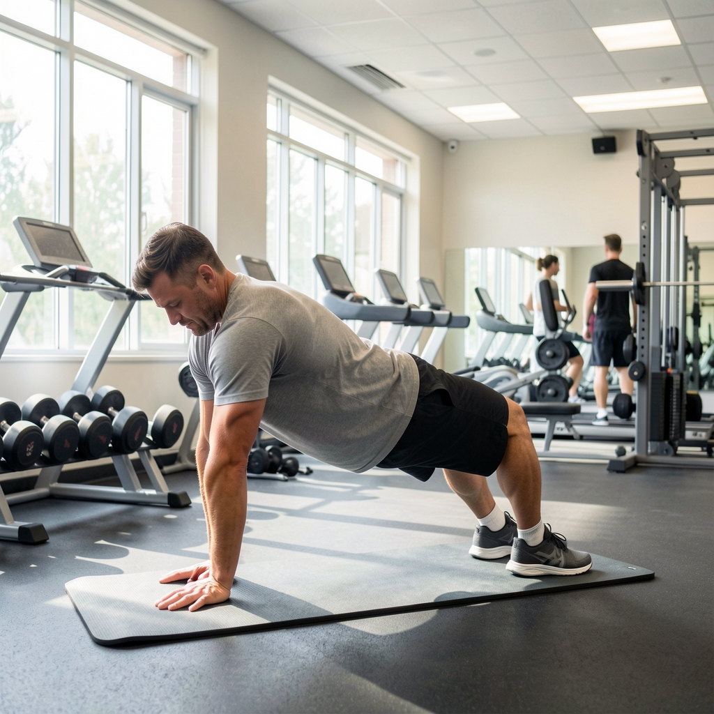 Man performing a controlled bodyweight movement in a bright community gym — Trenvol editorial