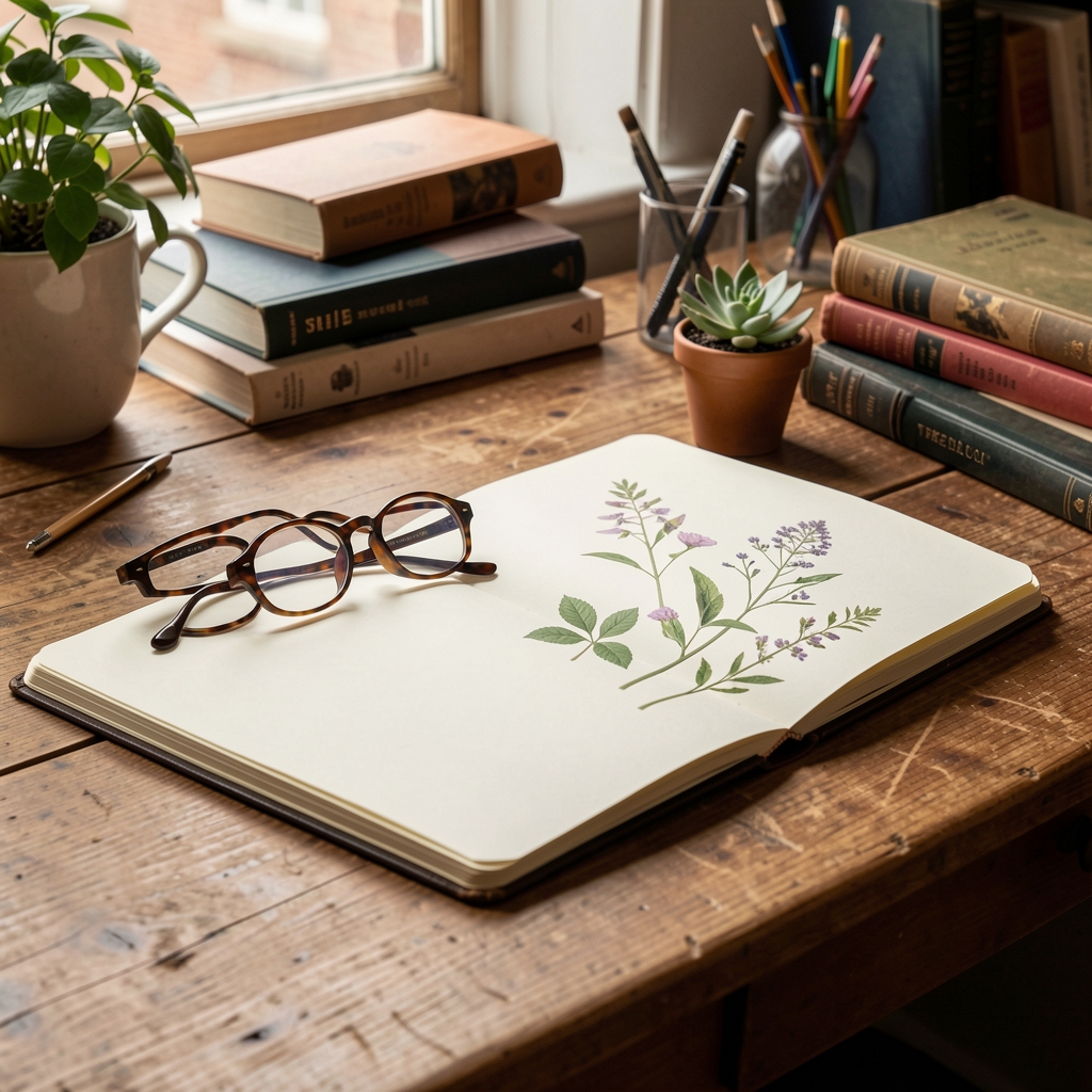 Open notebook, reading glasses and botanical notes on a warm editorial desk in Sheffield — Trenvol editorial