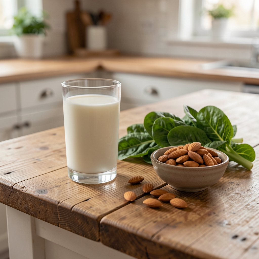Wooden kitchen table set with a glass of milk, leafy greens and a small bowl of almonds