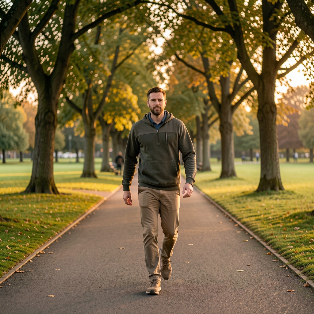 Man in casual outdoor clothing walking briskly along a tree-lined Sheffield park path at dawn