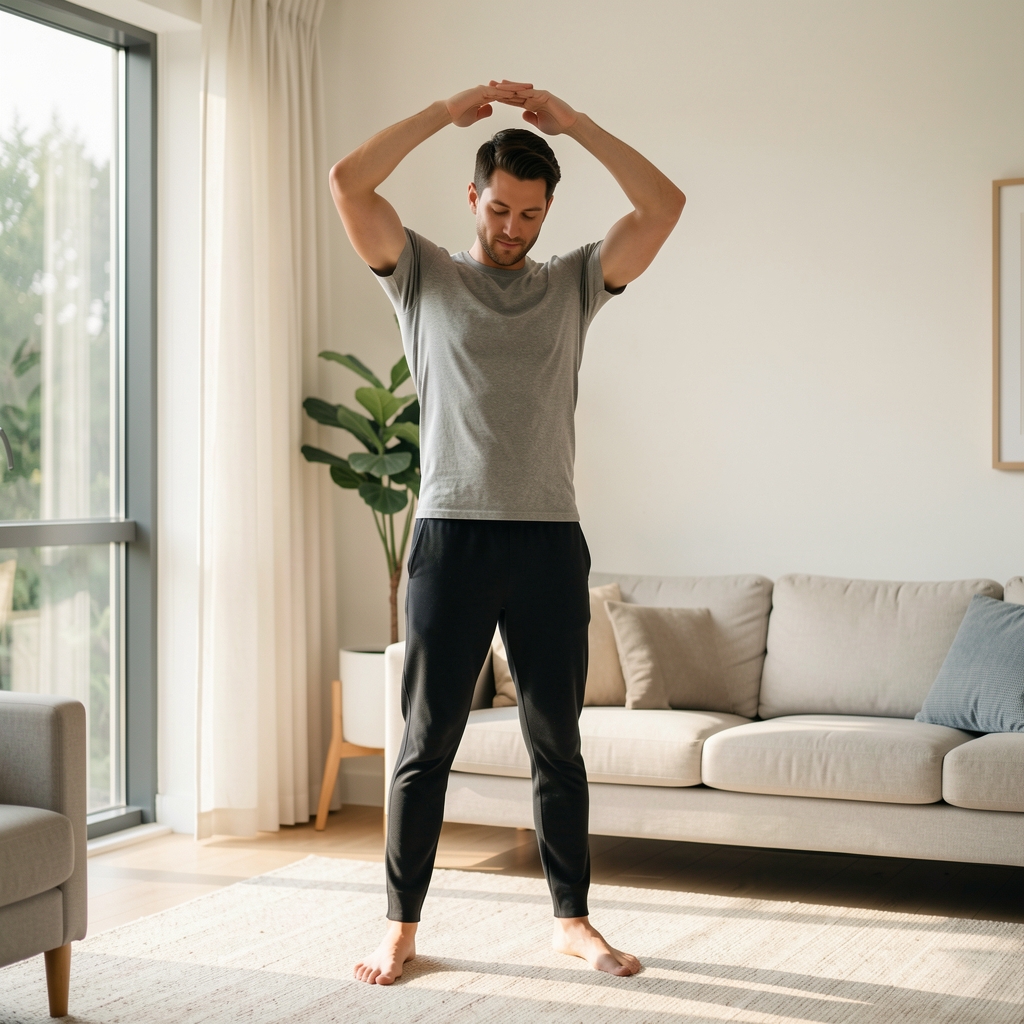 Man performing a gentle standing stretch in a bright living room near a window