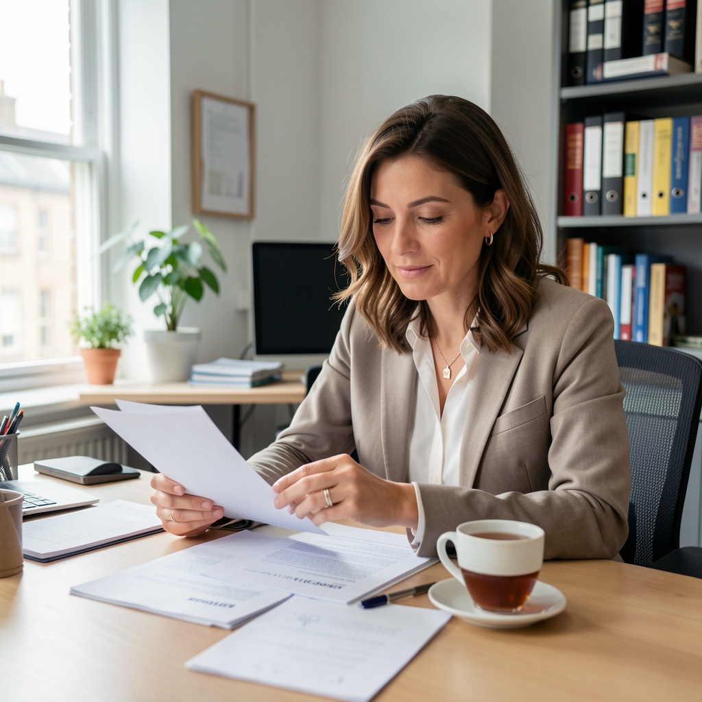 Editorial health writer reviewing research notes at a desk with a cup of tea, Sheffield office