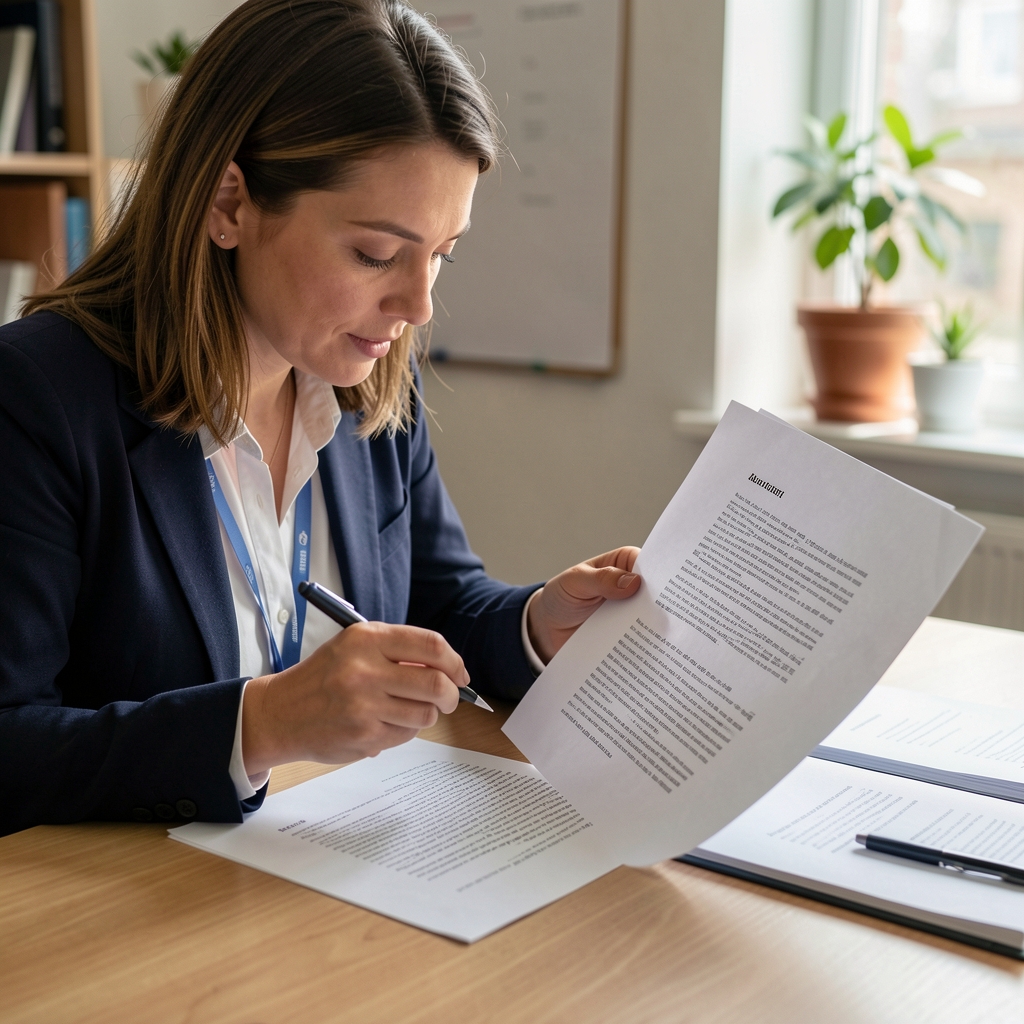Editorial researcher cross-checking a printed article draft against reference notes